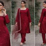 Ruby Red Silk Kurta Set with Stone Detailing