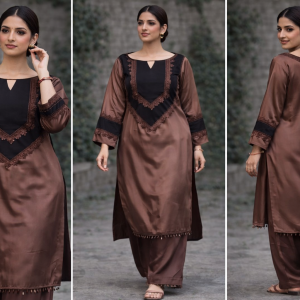 Brown Satin Kurta Set with Lace Detailing