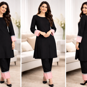 Classic Black Kurta Set with Blush Pink Contrast