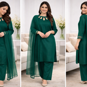 Emerald Green Lawn Suit with Chiffon Dupatta